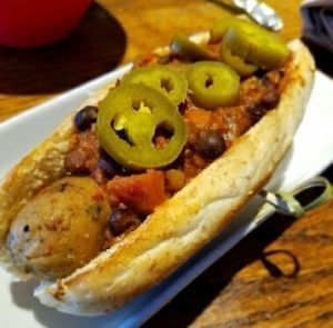 Vegan sausage dog with vegan chili at Franktuary in Pittsburgh