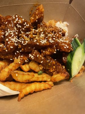 Mock chicken salt and pepper chips rice box   at Salt & Pepper in Manchester