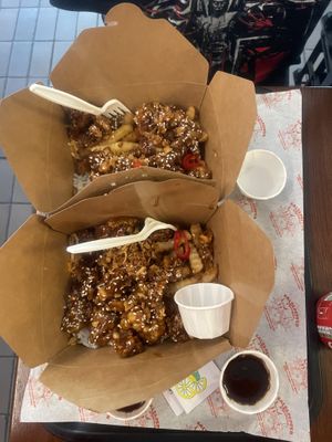 2x vegan salt and pepper mock chicken boxes with chips and rice  at Salt & Pepper in Manchester