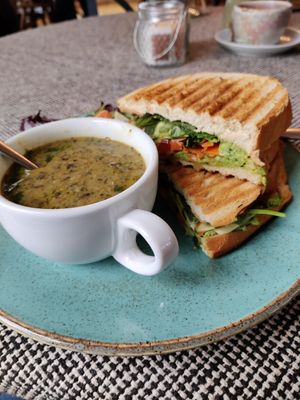 Mushroom &lentil soup with sandwich at Ocho in Inveraray