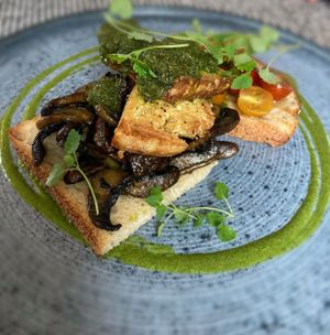 Vegan Smoked Tofu with Kale Pesto and mushrooms. Superb  at Ocho in Inveraray