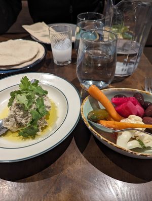 Smoked smashed eggplant and pickled veg/olives at Damascus in Wellington