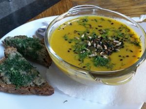 pumpkin soup and bread at Vegedajnia Nalanda in Wroclaw