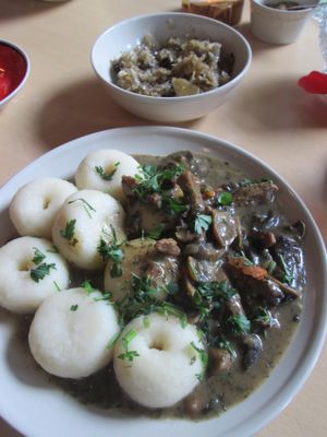 Goulash, potato dumplings and white cabbage with mushrooms at Vegedajnia Nalanda in Wroclaw