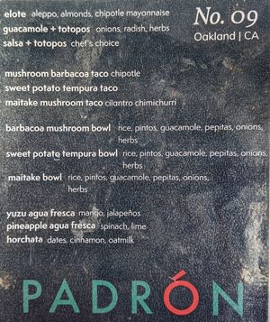Menu as of October 23, 2022 at Padrón in Oakland