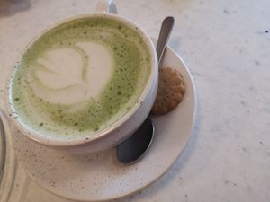 Matcha latte at Oats Day Long in Leuven