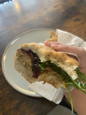 Vegan sausage and caramelised onion focacciaa  at Artisan Roast in Edinburgh