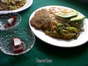 Saturday lunch with vegetable protein patty, curried vegetables, salad and rice, bocadillo with cheese for dessert. at El Champinon in Pereira