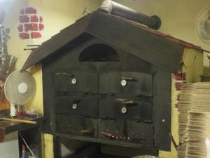 The traditional oven in which the lovely tartes flambees are baked.  at Flammkuchenhaus in Saarbrucken