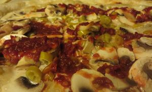 Chili tarte flambee (vegan with soya sauce and no cheese) spices up your life and tastebuds! at Flammkuchenhaus in Saarbrucken