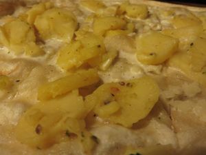 potato tarte flambee (vegan with soya sauce and no cheese) at Flammkuchenhaus in Saarbrucken