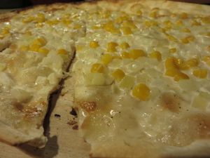 'forest worker' tarte flambee (vegan with soya sauce and no cheese) at Flammkuchenhaus in Saarbrucken