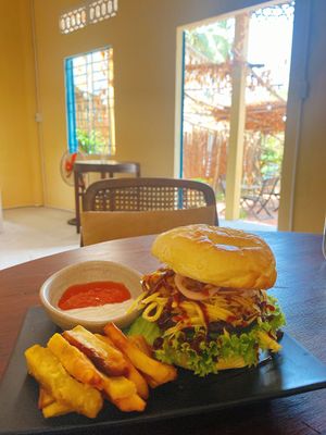 Our award-winning burger   at Chickpea Eatery Thuan Chay in Hoi An