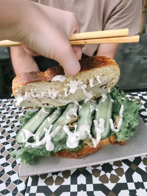 Vegan cheese sandwich with pesto  at Chickpea Eatery Thuan Chay in Hoi An