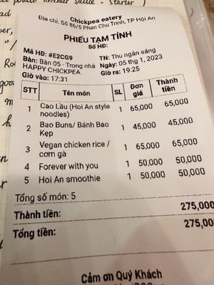 Receipt: 2 mains, 1 side, 2 smoothies  at Chickpea Eatery Thuan Chay in Hoi An