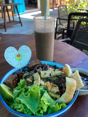 Cao Lau and a cacao, banana and peanut butter smoothie  at Chickpea Eatery Thuan Chay in Hoi An