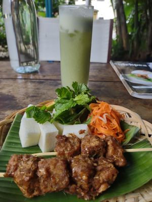 Bbq Tempe skewers. Very good. Small portion at Chickpea Eatery Thuan Chay in Hoi An