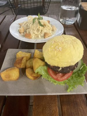 burger and alredo pasta  at Chickpea Eatery Thuan Chay in Hoi An