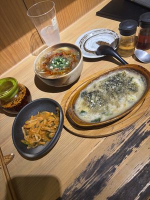 Kimchi yam, noodle soup, vegan gratin  at Chimaki in Tokyo