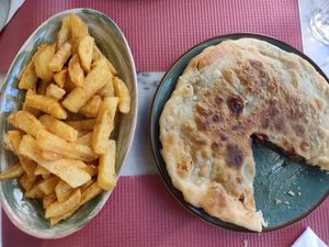 Mushroom and pepper pie and french fries at EPIKERO in Ioannina
