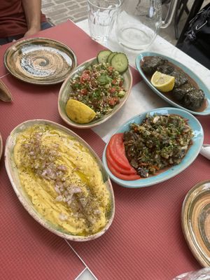 Fava, tabbouleh, vine leaves, aubergine salad   at EPIKERO in Ioannina