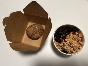 Oatmeal with fruit compote and hazelnuts, side of soy sausage… good to go!  at Strictly Organic in Bend