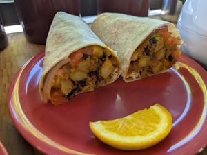 Vegan breakfast burrito with soy sausage at Strictly Organic in Bend