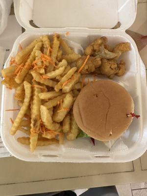 Roaryal veggie burger, fries, and cauliflower bites  at Amore Arowako Vegan Club in St John