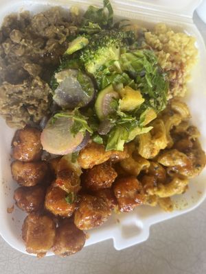Tofu, Mac & cheese, lentils, rice, veggies   at Amore Arowako Vegan Club in St John