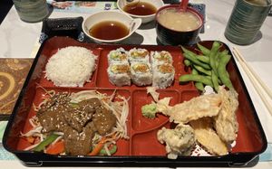 Bento A w/ veg. beef teriyaki, PLUS Assorted Fresh Mushroom Miso Soup.  at Tenon Vegetarian Cuisine in Markham