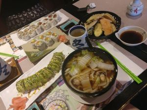 Vegan udon tempura soup, green dragon roll and other rolls at Tenon Vegetarian Cuisine in Markham