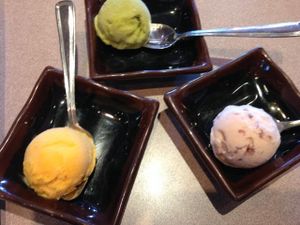 mango, red bean, and green tea ice cream at Tenon Vegetarian Cuisine in Markham