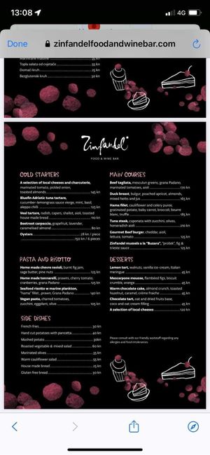 The menu   at Zinfandel Food & Wine bar in Split