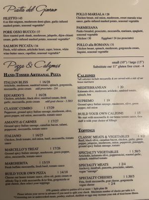 Menu. Not the bottom for substitutes  at Marcello's Cucina Italiana in Sunriver
