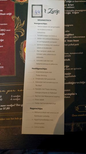 Menu card at 't Zusje in Weert