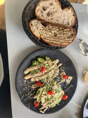 Sourdough without butter and avocado with vegan goma-mayo (I put these together).  at Social Brew in Copenhagen