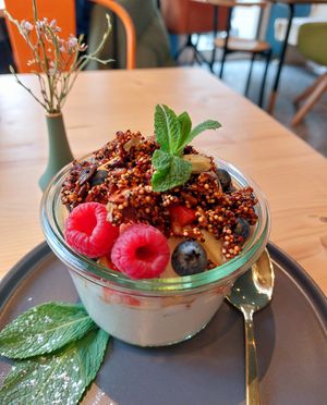 Yoghurt with fruits & homemade muesli at drei&zwanzig in Karlsruhe