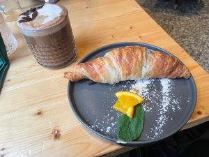 Hot chocolate and chocolate croissant  at drei&zwanzig in Karlsruhe