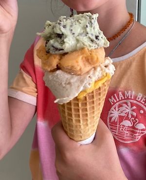 Mint Stracciatella, Apricot, Toasted Coconut, Mango/Papaya/Passionfruit - 4 scoops  at DOPPO Gelataria in Coimbra