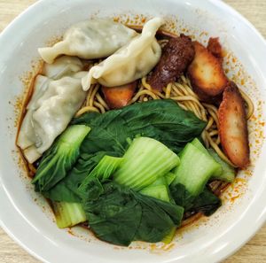 Dumplings char siew noodles, came with a small bowl of super tasty radish soup, the char siew and dumplings were great, recommended at The Good Food Life in Central Singapore