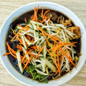 Unconventional Lor Mee with lots of carrot, cucumber, bean sprouts, mushroom, king oyster mushroom, tofu etc, generous portion, very flavourful, recommended. at The Good Food Life in Central Singapore