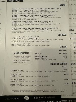 Drinks menu 2  at Fat Hippo in Birmingham