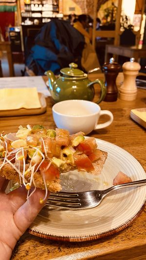 lovely bruschetta with avocado   at Tibetan Convention Tea House in Florennes