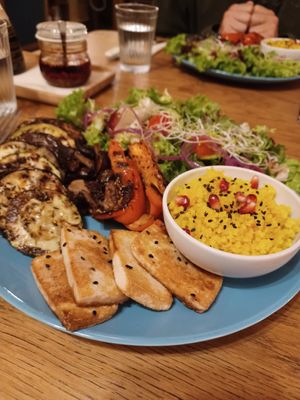 Delicious grillled vegetables plate with tofu and some grain at Tibetan Convention Tea House in Florennes