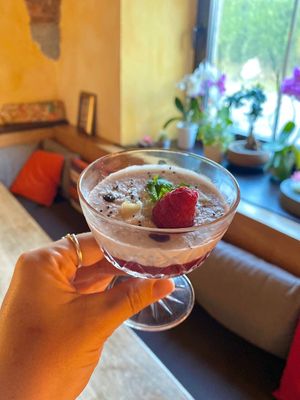 chia seeds-coco milk-berry coulis at Tibetan Convention Tea House in Florennes