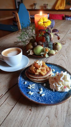 Gluten free pancake et cappuccino  at Tibetan Convention Tea House in Florennes