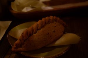 Vegan 'kibins', stuffed with soy meat and vegetables. at Vegafe - Augustijonu Str. in Vilnius