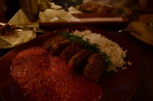 Vegan Legume 'Meatballs' in hot tomato and basil sauce with basmati rice. at Vegafe - Augustijonu Str. in Vilnius