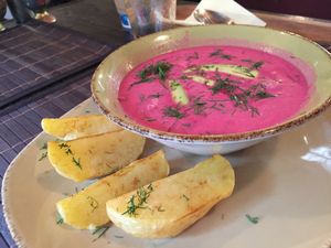 Vegan Cold Beet Soup at Vegafe - Augustijonu Str. in Vilnius