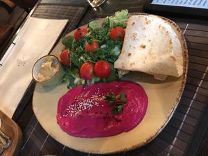 Beetroot hummus salad  at Vegafe - Augustijonu Str. in Vilnius